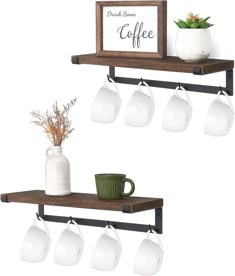 Dahey Mug Holder Wall Mounted Mug Rack with Hooks, Set of 2, Storage Rustic Floating Shelf Coffee Bar Accessories Wood Coffee Cup Hanger for Organizing Cooking Utensil Home Kitchen Decor, Brown - Image 1